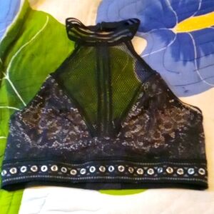 Victoria's Secret Black Lace Mesh Grommet Halter Bra S New
